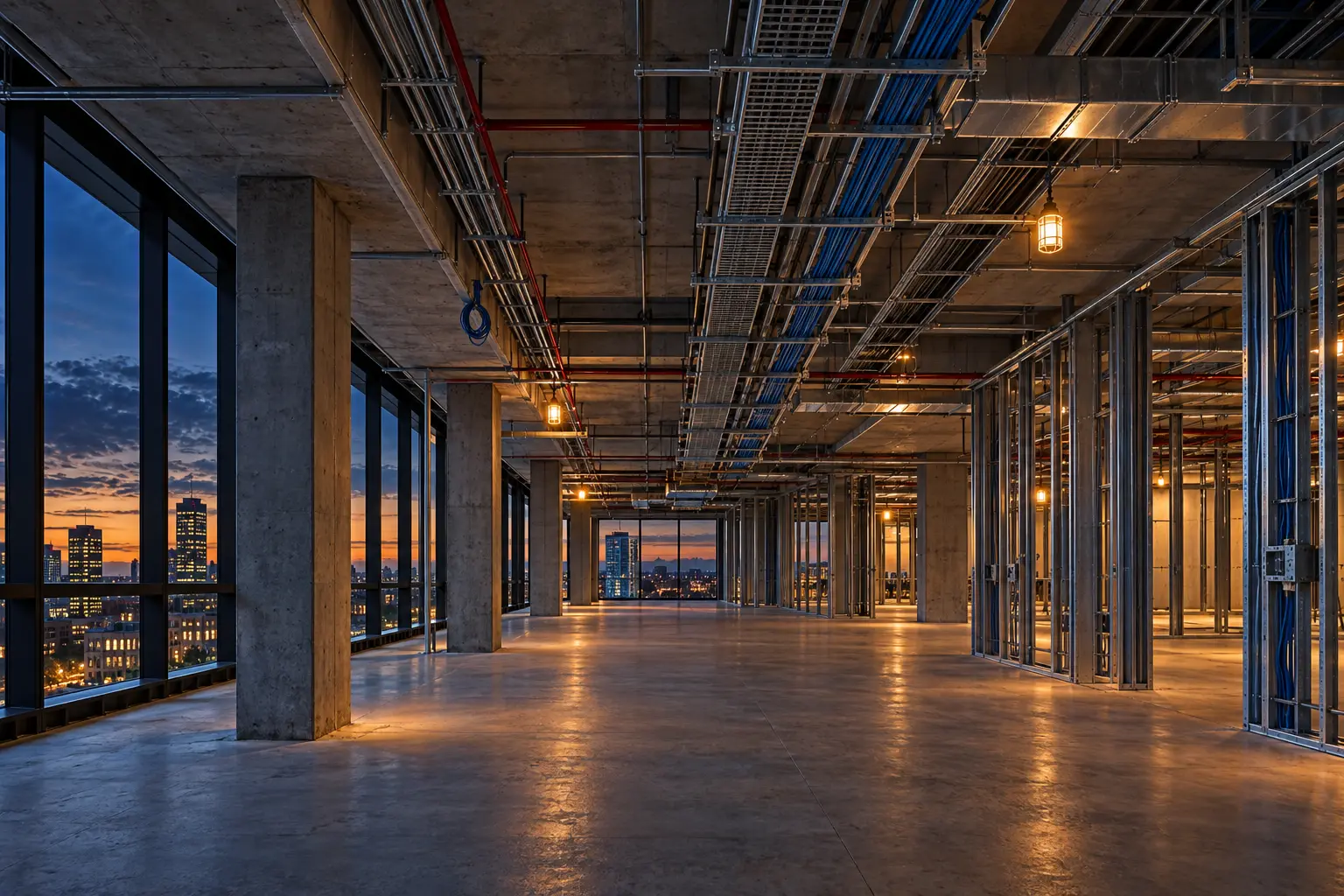 Modern commercial building interior during the pre-wiring stage of construction